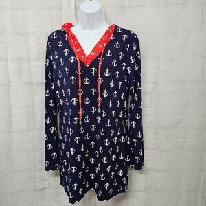 Margaret Josephs Navy Blue Red Nautical Anchor Beach Hooded Tee Shirt Tunic S